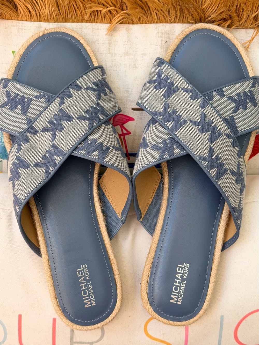 Michael Kors Denim Blue Crossband Slide Sandals